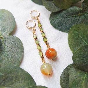 Long Autumn Drop Earrings – Peacock Agate & Golden Green Porcelain Beaded